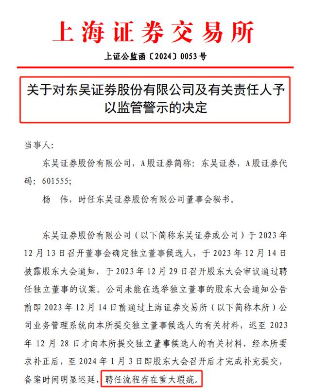 东吴证券：因独立董事聘任流程存在重大瑕疵被监管警示